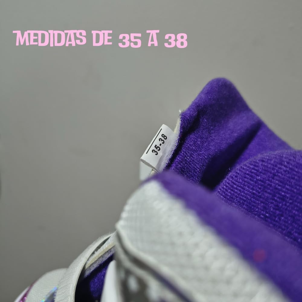 Patins Infantil 4 Rodas Com Luzes LED – Ajustável Com Estampa De Arco-Íris Bota Roxa Com Trava De Segurança e Conforto Ideal Para Crianças Em Início De Aprendizado 35 a 38