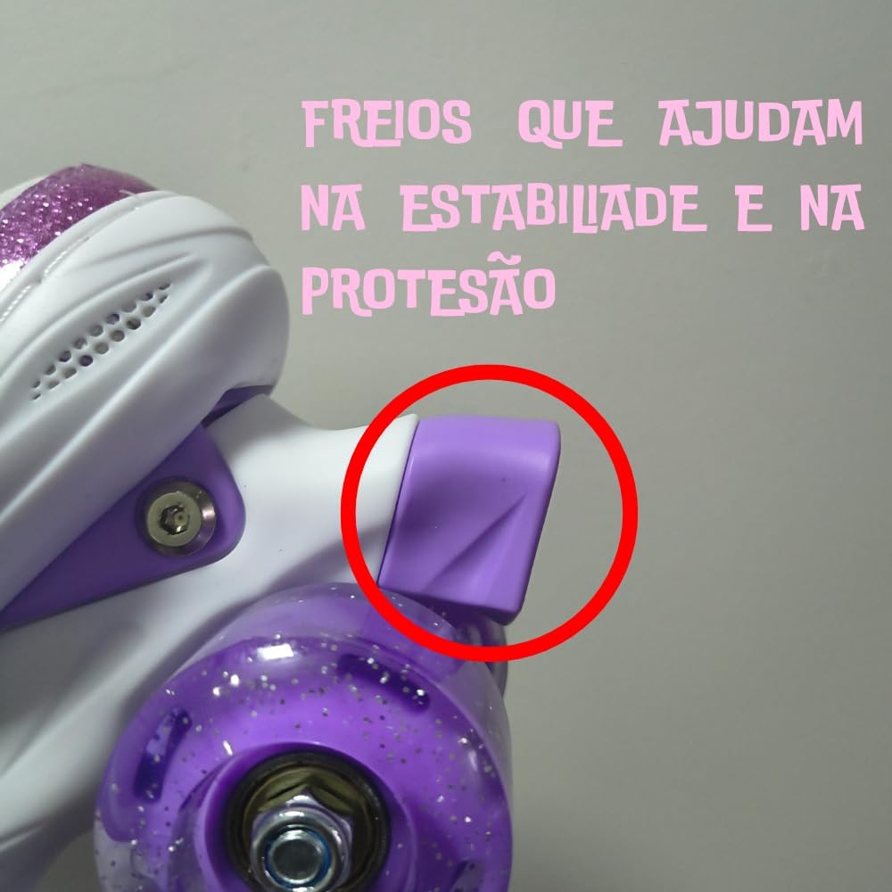 Patins Infantil 4 Rodas Com Luzes LED – Ajustável Com Estampa De Arco-Íris Bota Roxa Com Trava De Segurança e Conforto Ideal Para Crianças Em Início De Aprendizado 35 a 38