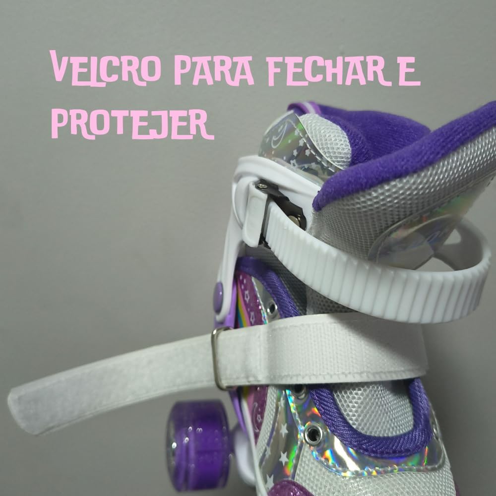 Patins Infantil 4 Rodas Com Luzes LED – Ajustável Com Estampa De Arco-Íris Bota Roxa Com Trava De Segurança e Conforto Ideal Para Crianças Em Início De Aprendizado 35 a 38