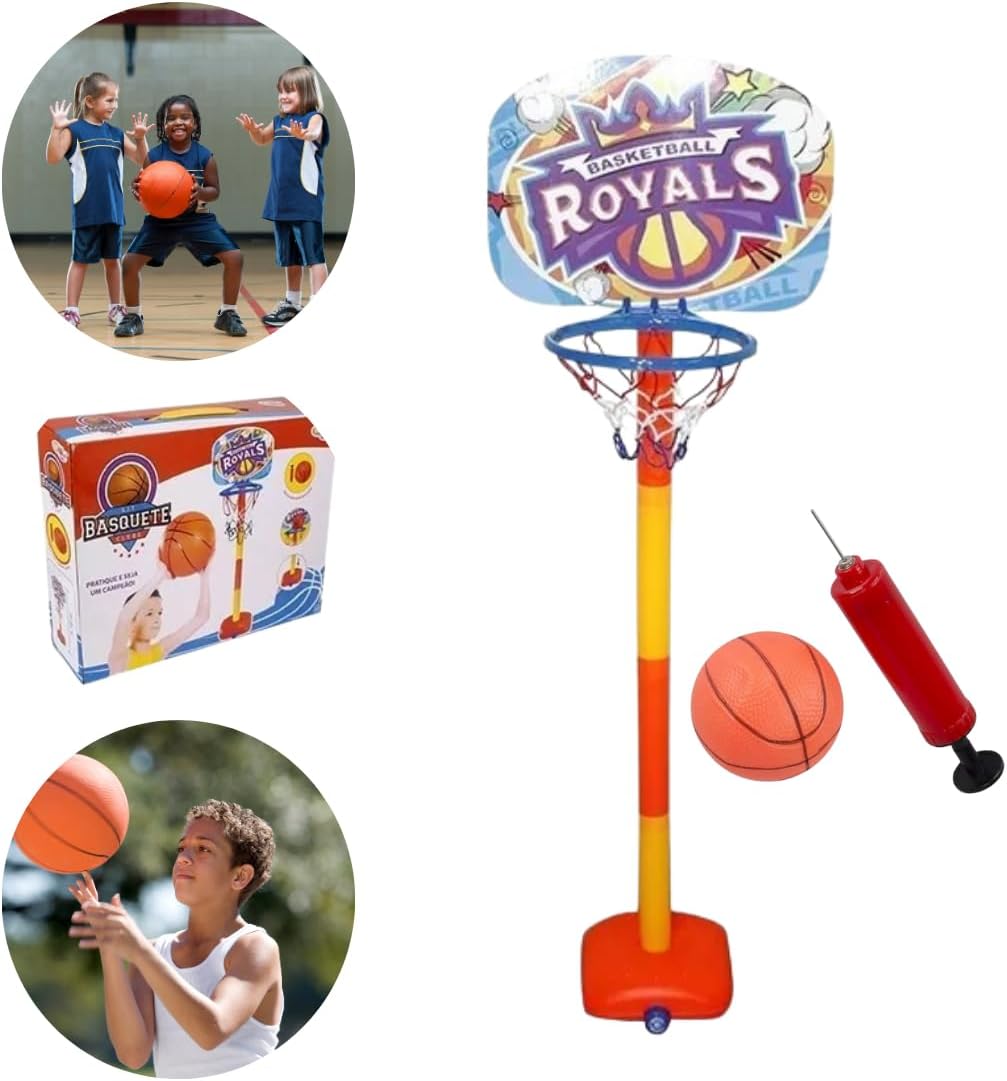 Kit Basquete Infantil Royals com Tabela, Suporte Ajustável, Bola e Bomba de Ar