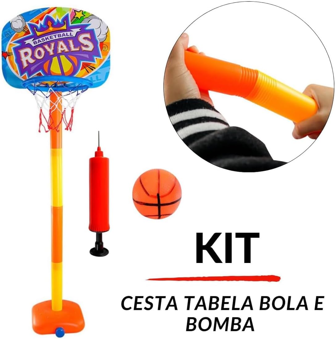 Kit Basquete Infantil Royals com Tabela, Suporte Ajustável, Bola e Bomba de Ar