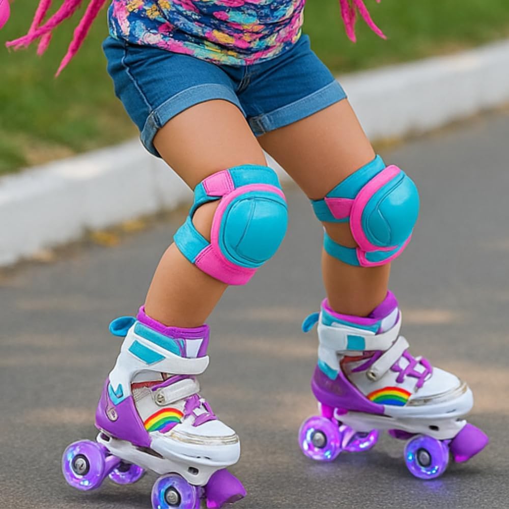Patins Infantil 4 Rodas Com Luzes LED – Ajustável Com Estampa De Arco-Íris Bota Roxa Com Trava De Segurança e Conforto Ideal Para Crianças Em Início De Aprendizado 35 a 38