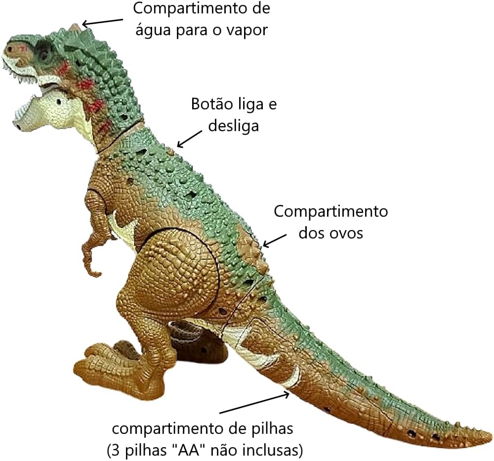 Dino Tiranossauro Rex de Controle Remoto com 40cm Bota Ovo e Solta Fumaça