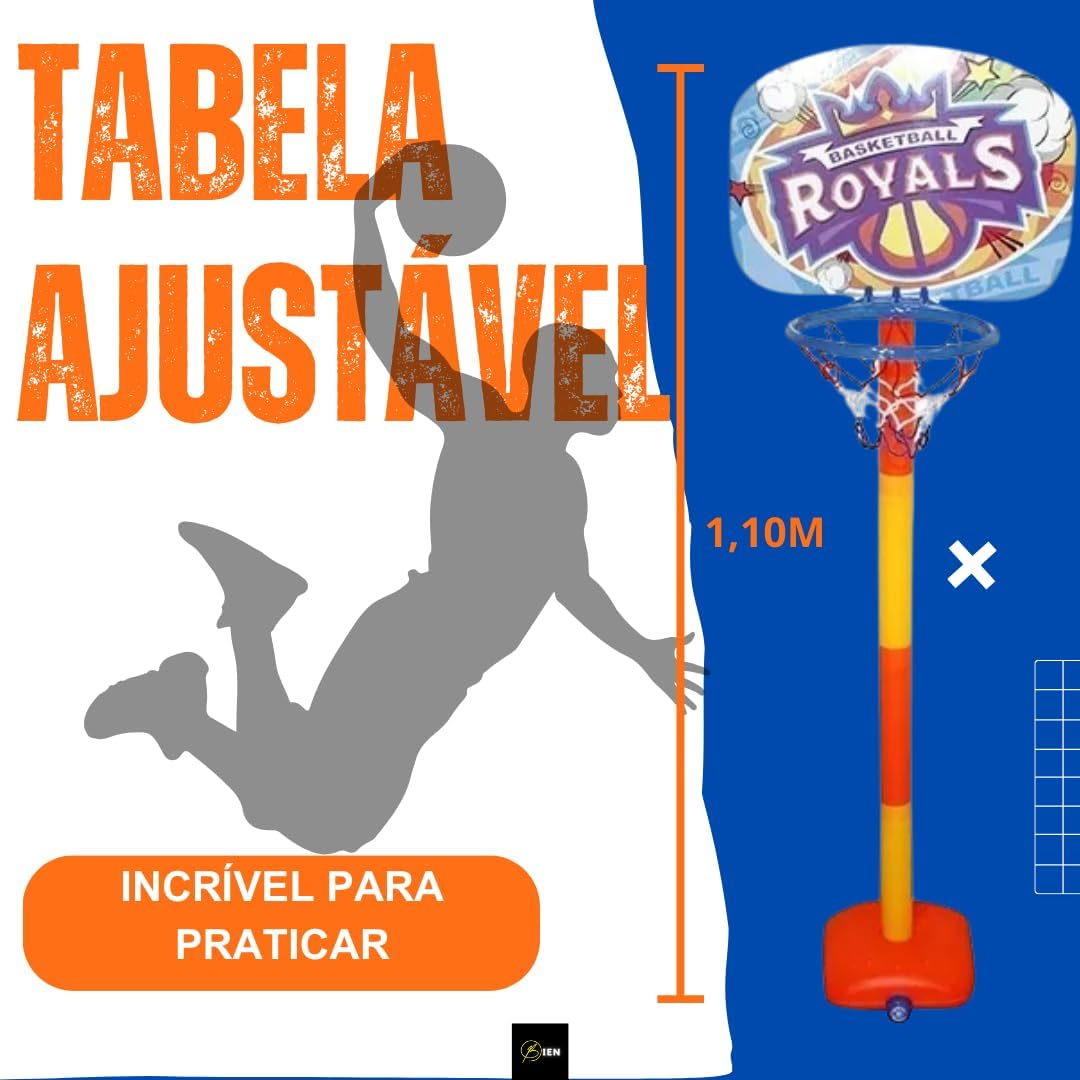 Kit Basquete Infantil Royals com Tabela, Suporte Ajustável, Bola e Bomba de Ar