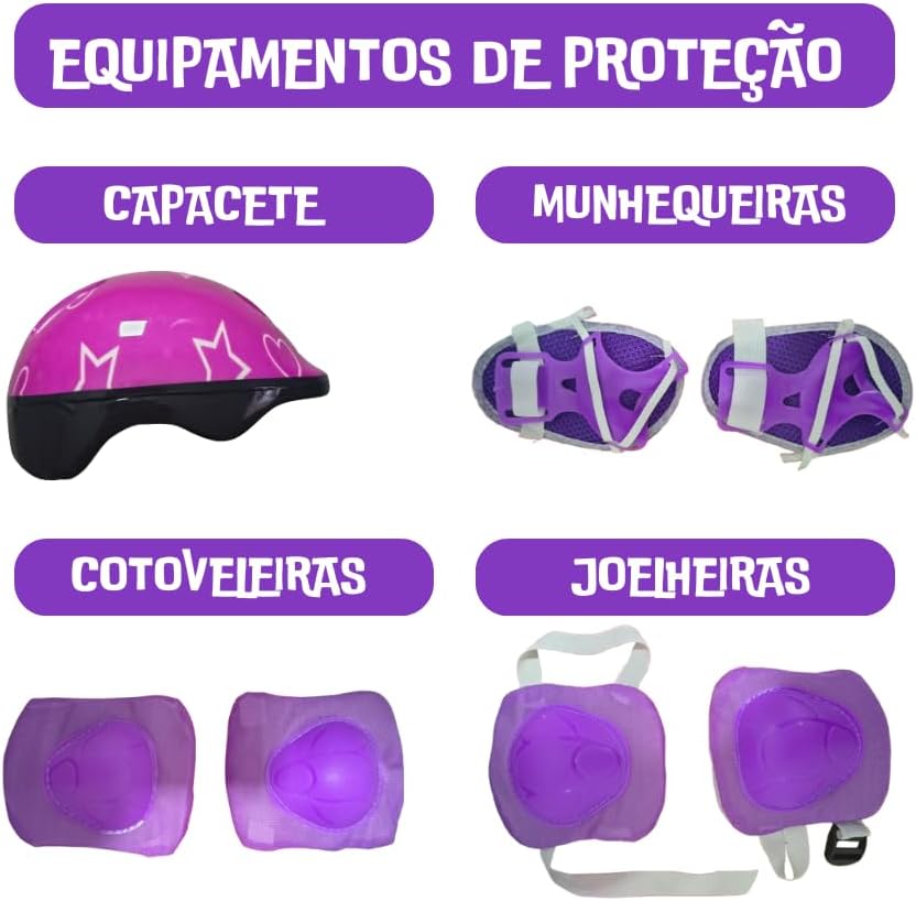Patins Infantil 4 Rodas Com Luzes LED – Ajustável Com Estampa De Arco-Íris Bota Roxa Com Trava De Segurança e Conforto Ideal Para Crianças Em Início De Aprendizado 35 a 38