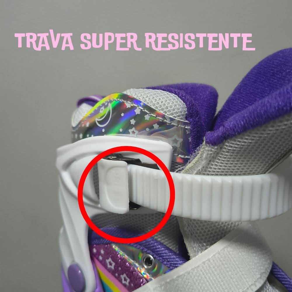 Patins Infantil 4 Rodas Com Luzes LED – Ajustável Com Estampa De Arco-Íris Bota Roxa Com Trava De Segurança e Conforto Ideal Para Crianças Em Início De Aprendizado 35 a 38