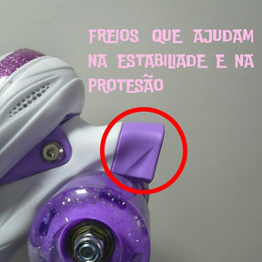 Patins Infantil 4 Rodas Com Luzes LED – Ajustável Com Estampa De Arco-Íris Bota Roxa Com Trava De Segurança e Conforto Ideal Para Crianças Em Início De Aprendizado 35 a 38