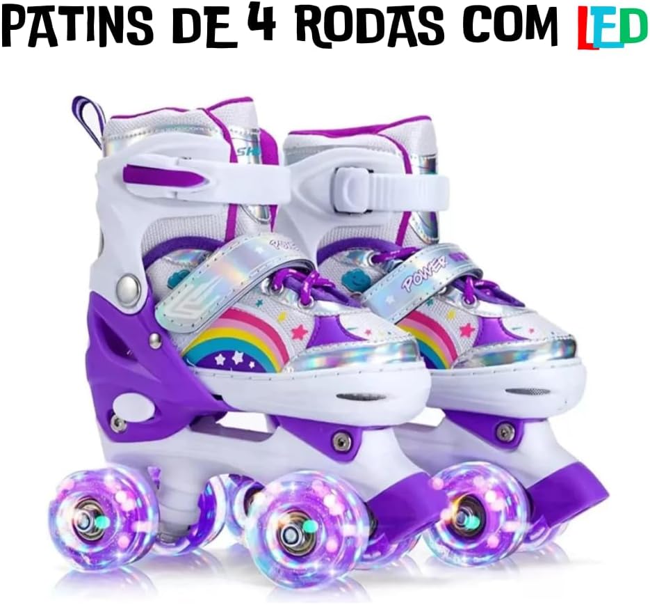 Patins Infantil 4 Rodas Com Luzes LED – Ajustável Com Estampa De Arco-Íris Bota Roxa Com Trava De Segurança e Conforto Ideal Para Crianças Em Início De Aprendizado 35 a 38
