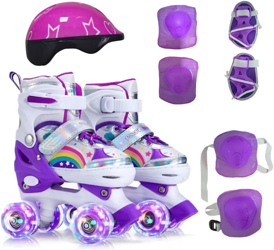Patins Infantil 4 Rodas Com Luzes LED – Ajustável Com Estampa De Arco-Íris Bota Roxa Com Trava De Segurança e Conforto Ideal Para Crianças Em Início De Aprendizado 35 a 38