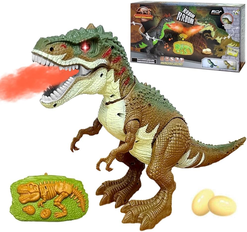 Dino Tiranossauro Rex de Controle Remoto com 40cm Bota Ovo e Solta Fumaça