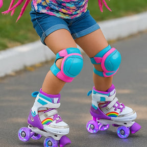Patins Infantil 4 Rodas Com Luzes LED – Ajustável Com Estampa De Arco-Íris Bota Roxa Com Trava De Segurança e Conforto Ideal Para Crianças Em Início De Aprendizado 35 a 38